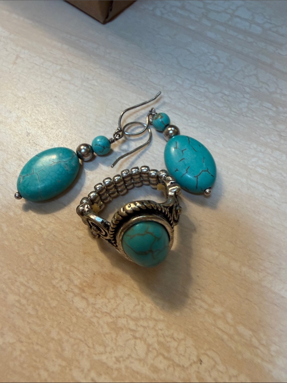Turquoise Stone Silver-Tone Ring and Drop Earrings Set